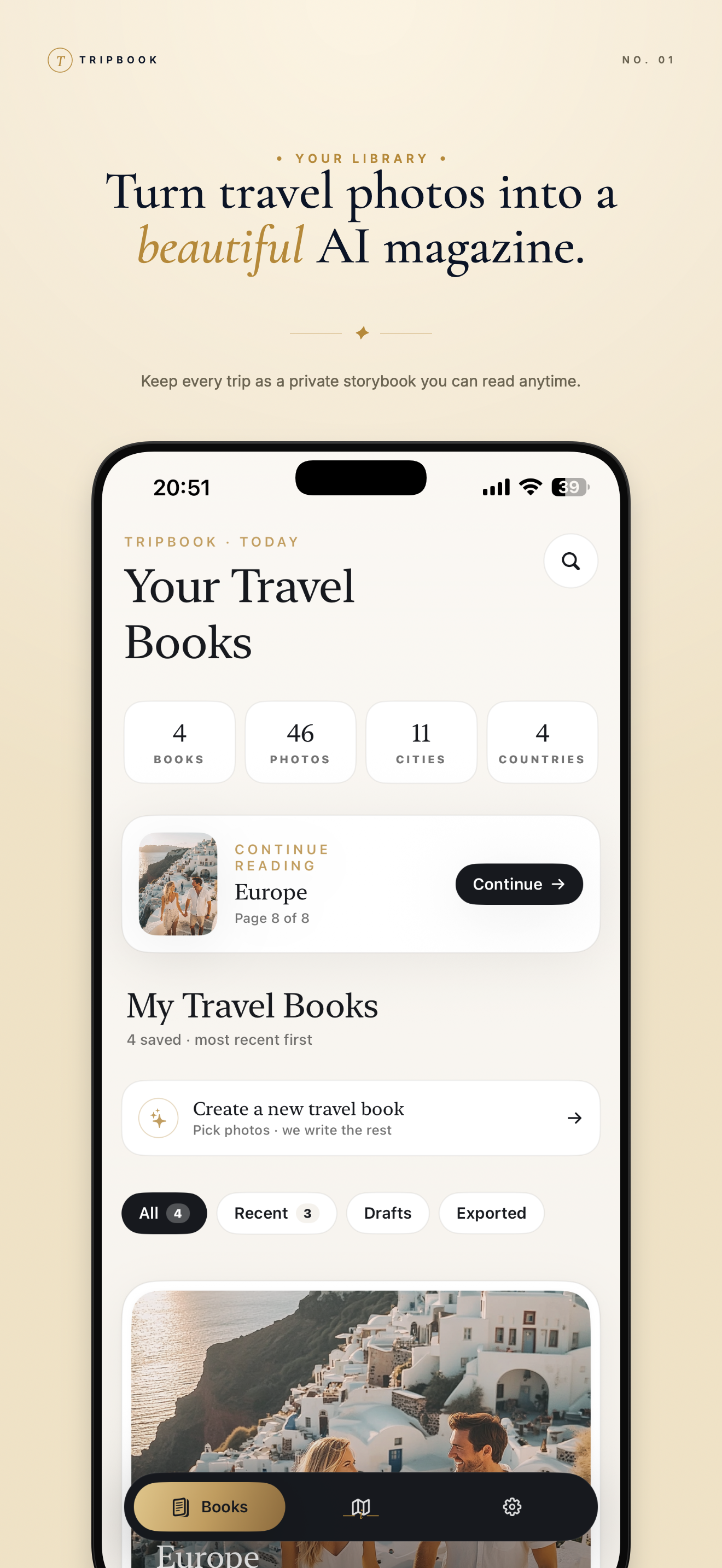 TripBook AI library — your travel books organized